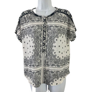 Lucky Brand Top Linen Blend Tunic Sz M White/Blue Paisley Peasant 1/4 Button up